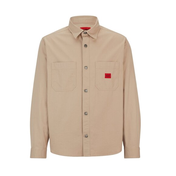 Hugo Boss Men's HUGO Oversized Erato Cotton Twill Red Logo LS Overshirt Beige L - Picture 6 of 8